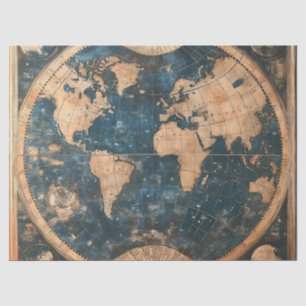 ヴィンテージブルーと金ゴールドの複半球の世界地図 薄葉紙