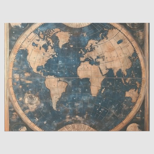 ヴィンテージブルーと金ゴールドの複半球の世界地図 薄葉紙 (正面)