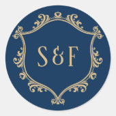 ヴィンテージブルーと金ゴールドクレストモノグラム封筒用シール ラウンドシール (正面)