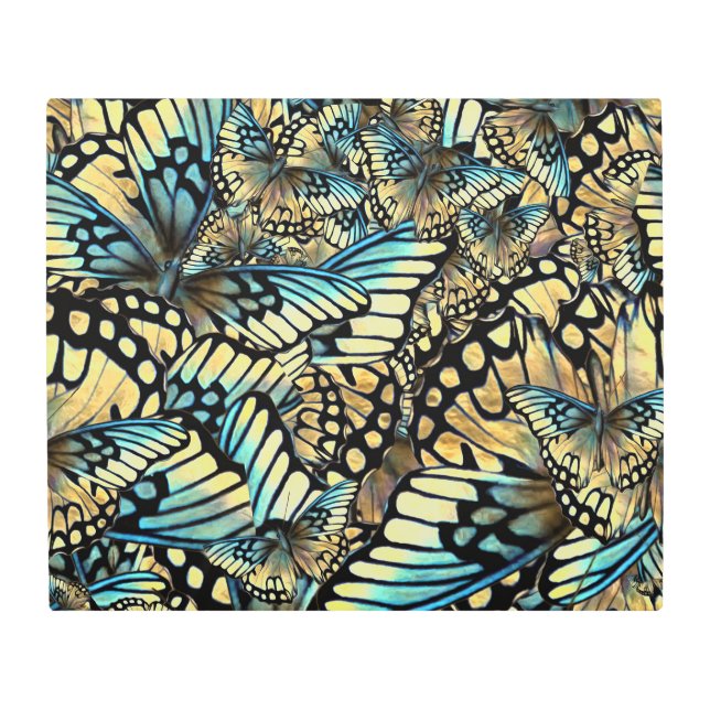 ヴィンテージブルーと金ゴールドバタフライウィングコラージュ メタルプリント (正面)