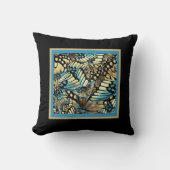 ヴィンテージブルーと金ゴールドバタフライコラージオンブラック クッション (正面)