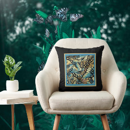 ヴィンテージブルーと金ゴールドバタフライコラージオンブラック クッション