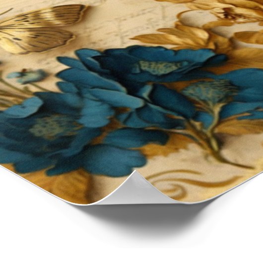 ヴィンテージブルーと金ゴールドバタフライ分離組織P ポスター (角)