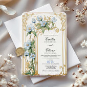 ヴィンテージブルーと金ゴールドフローラ結婚式招待状 招待状