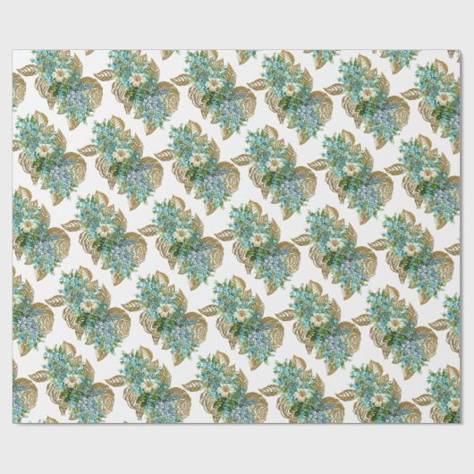 ヴィンテージブルーと金ゴールドフローラ ラッピングペーパー (フラット)