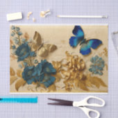 ヴィンテージブルーと金ゴールド蝶のデコパージュ 薄葉紙 (クラフト)