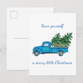 ヴィンテージブルーのトラックとチェックのクリスマスツリー 案内ポストカード (正面/裏面)