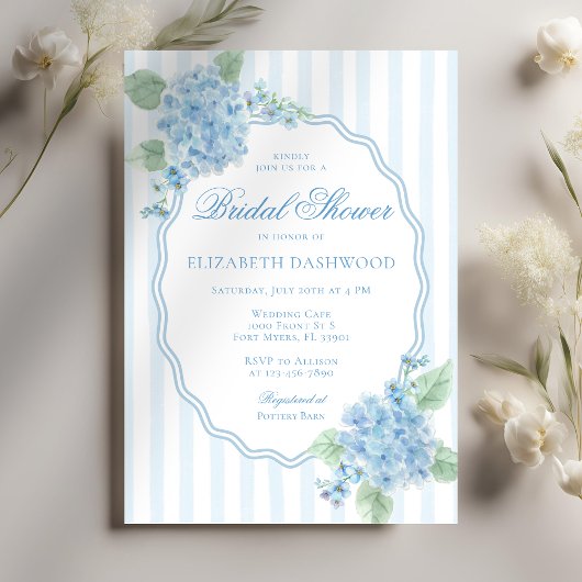 ヴィンテージブルーのハイドランジアの花のストライプ ブライダルシャワー 招待状