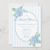 ヴィンテージブルーのハイドランジアの花のストライプ ブライダルシャワー 招待状 (正面)