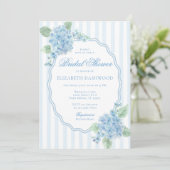 ヴィンテージブルーのハイドランジアの花のストライプ ブライダルシャワー 招待状 (スタンド正面)