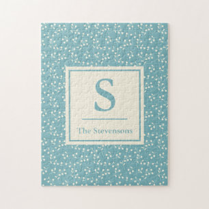 ヴィンテージブルーの花柄  モノグラムと名前  ジグソーパズル