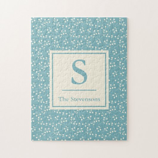 ヴィンテージブルーの花柄 |モノグラムと名前  ジグソーパズル (縦)