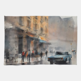 ヴィンテージブルーの車が霧に包まれた街並み キッチンタオル