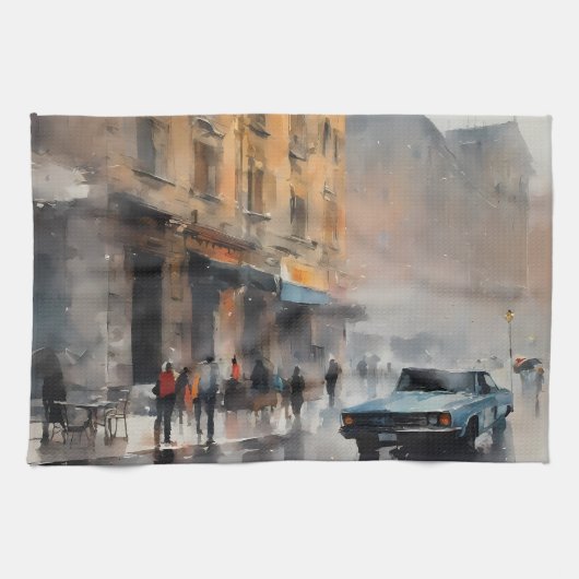 ヴィンテージブルーの車が霧に包まれた街並み キッチンタオル (横)