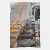 ヴィンテージブルーの車が霧に包まれた街並み キッチンタオル (縦)