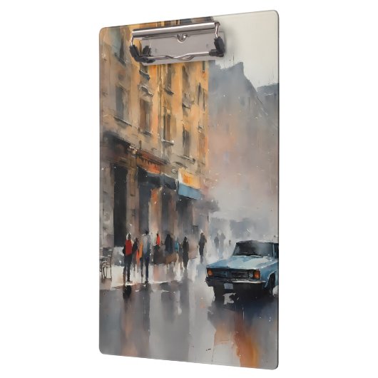 ヴィンテージブルーの車が霧に包まれた街並み クリップボード (左)