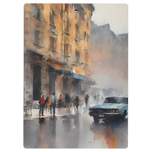 ヴィンテージブルーの車が霧に包まれた街並み クリップボード (裏面)