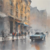 ヴィンテージブルーの車が霧に包まれた街並み シール (正面)