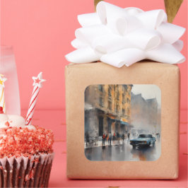 ヴィンテージブルーの車が霧に包まれた街並み スクエアシール