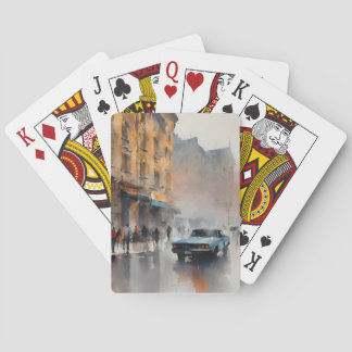 ヴィンテージブルーの車が霧に包まれた街並み トランプ