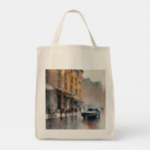 ヴィンテージブルーの車が霧に包まれた街並み