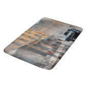 ヴィンテージブルーの車が霧に包まれた街並み バスマット (アングル)