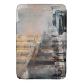 ヴィンテージブルーの車が霧に包まれた街並み バスマット (正面縦)