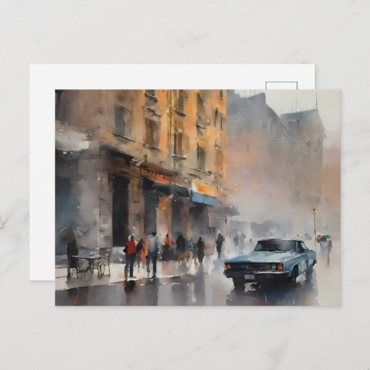 ヴィンテージブルーの車が霧に包まれた街並み ポストカード (正面/裏面)