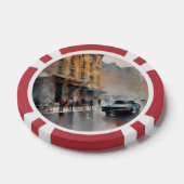 ヴィンテージブルーの車が霧に包まれた街並み ポーカーチップ (シングル)