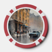 ヴィンテージブルーの車が霧に包まれた街並み ポーカーチップ (裏面)