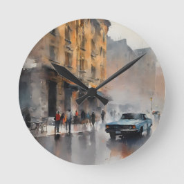 ヴィンテージブルーの車が霧に包まれた街並み ラウンド壁時計