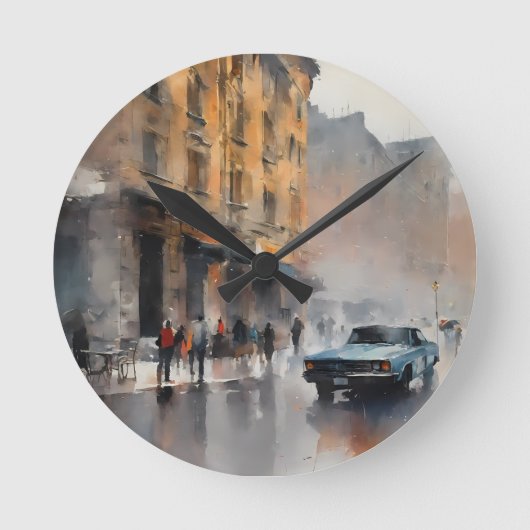 ヴィンテージブルーの車が霧に包まれた街並み ラウンド壁時計 (正面)