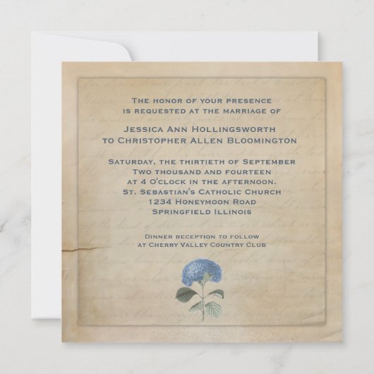 ヴィンテージブルーアイドランジ結婚アのセレモニーカスタム 招待状 (裏面)