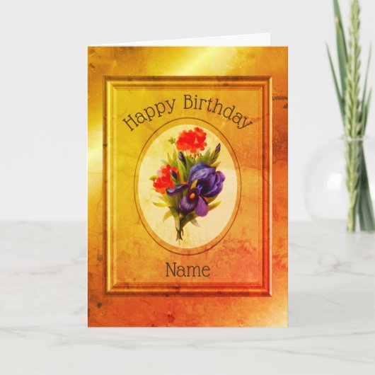 ヴィンテージブルーアイリスフラワーブーケ誕生日カード カード (正面)