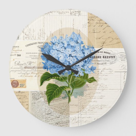 ヴィンテージブルーアジサイフランスのクロック ラージ壁時計 (正面)