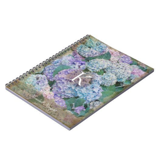 ヴィンテージブルーアジサイフローラモノグラム名 ノートブック (左側)