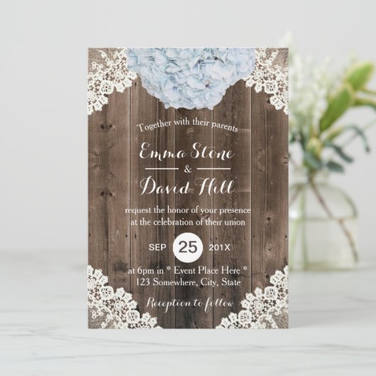 ヴィンテージブルーアジサイフローラレースバ結婚ンズ 招待状 (スタンド正面)
