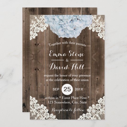 ヴィンテージブルーアジサイフローラレースバ結婚ンズ 招待状 (正面/裏面)