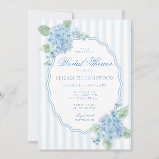 ヴィンテージブルーアジサイ花ストライプブライダルシャワー 招待状 (正面)