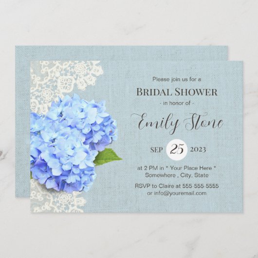 ヴィンテージブルーアジサイ&レース素朴ブライダルシャワー 招待状 (正面/裏面)
