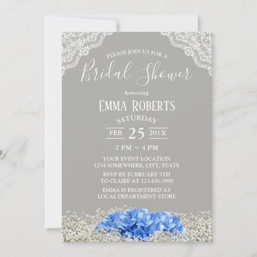 ヴィンテージブルーアジランジアベビーズブレスブライダルシャワー 招待状 (正面)