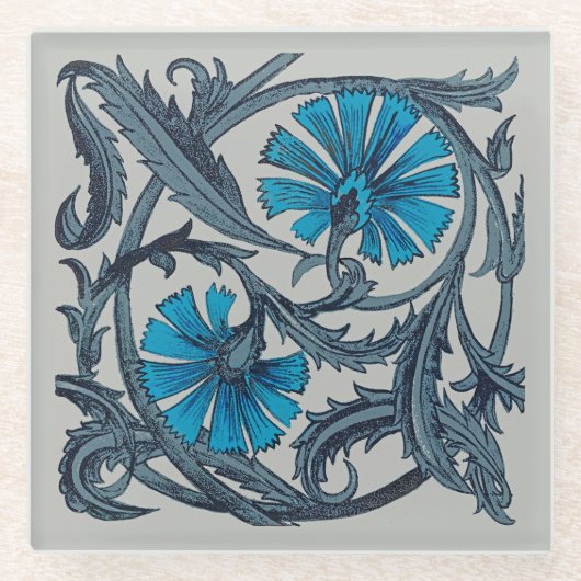 ヴィンテージブルーアンティークフラワーアーツ素朴 ガラスコースター (正面)