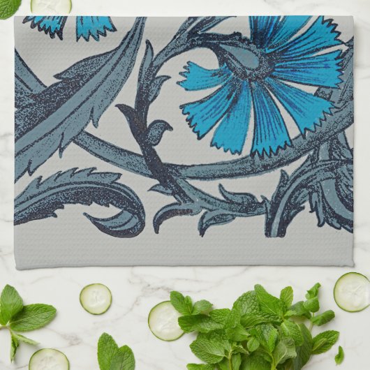 ヴィンテージブルーアンティークフラワーアーツ素朴 キッチンタオル (折り畳み)