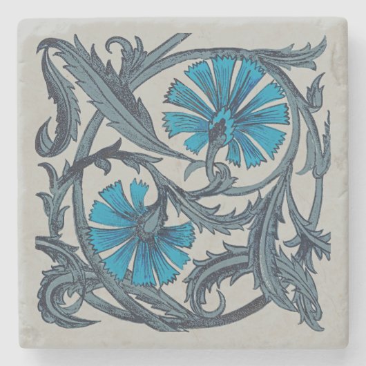 ヴィンテージブルーアンティークフラワーアーツ素朴 ストーンコースター (正面)