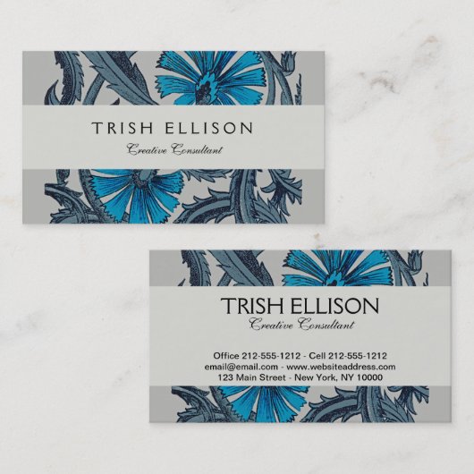 ヴィンテージブルーアンティークフラワーアーツ素朴 名刺 (正面/裏面)