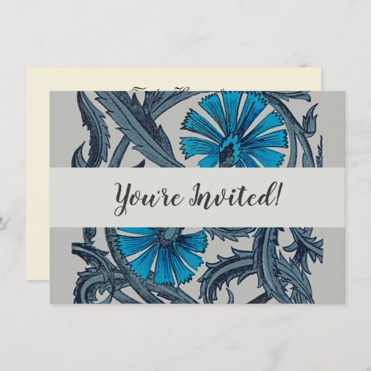 ヴィンテージブルーアンティークフラワーアーツ素朴 招待状 (正面/裏面)