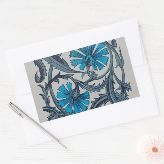 ヴィンテージブルーアンティークフラワーアーツ素朴 長方形シール (封筒)