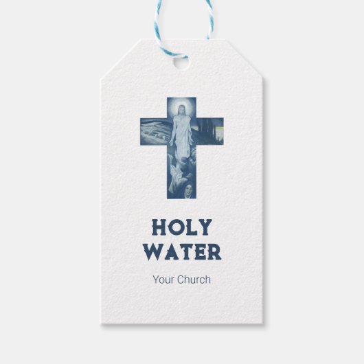 ヴィンテージブルーイエズスがキリスト教聖水を渡る ギフトタグ (正面)