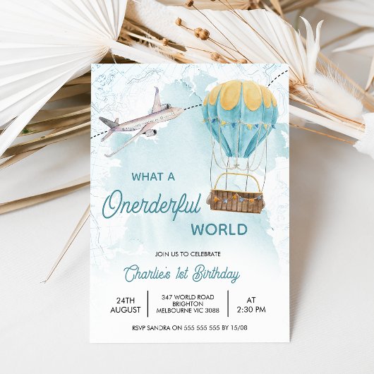 ヴィンテージブルーイエローオンダーフルワールド1st誕生日 招待状