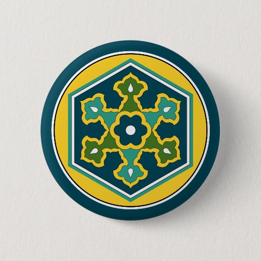 ヴィンテージブルーイエローグリーンオスマン帝国トルコ六角形  缶バッジ (正面)